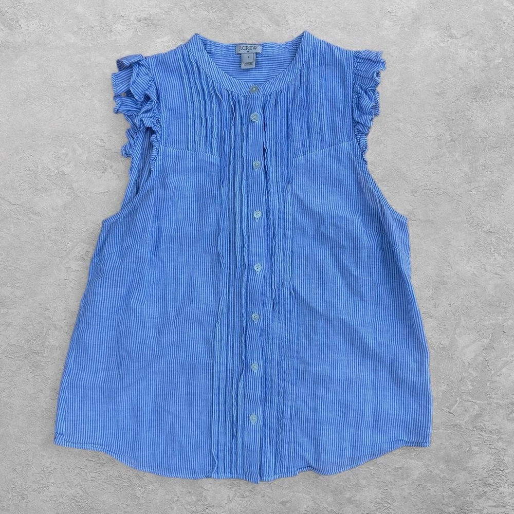 J. Crew Blue Sleeveless Ruffle Blouse 8